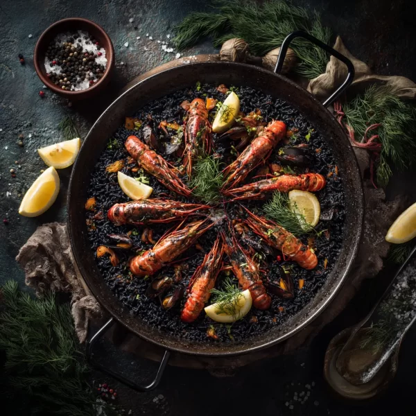 Auténtica paella negra con arroz, mariscos y tinta de calamar, domicilios en Pereira, Dosquebradas y santa Rosa de Cabal.