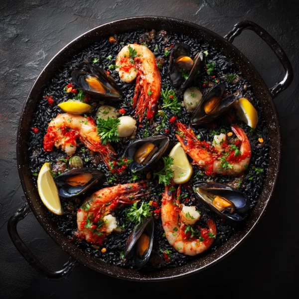 Paella negra con mariscos frescos y tinta de calamar, una especialidad en Pereira.