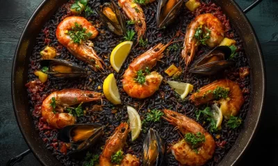 Paella negra con calamares y mariscos frescos en Pereira, un sabor único de la cocina española.