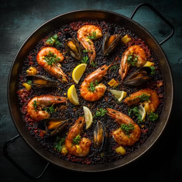 Paella negra con calamares y mariscos frescos en Pereira, un sabor único de la cocina española.
